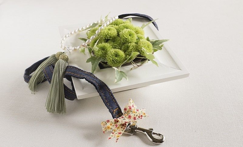 ペットのリードと花。樹木葬でペットを埋葬